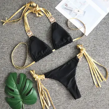 2020 Seksi Diamond Tassel Bikini Ženske Zlati Povodcem Kopalke Bandeau Kopalke