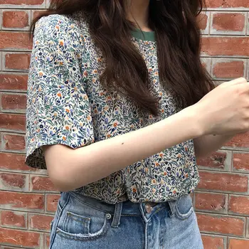Cvetlični T-majice Ženske Elegantne korejskem Slogu Chic Dekle Vse-tekmo Priljubljena Ulzzang Študent Letnik Svoboden Poletje Ženski Top