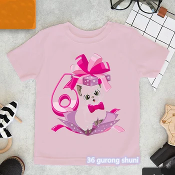 Kawaii dekleta t-shirt smešno mačka grafika 2-6years stare rojstni dan število darilo kostum vogue dekle obleke poletje otroci tshirt vrhovi