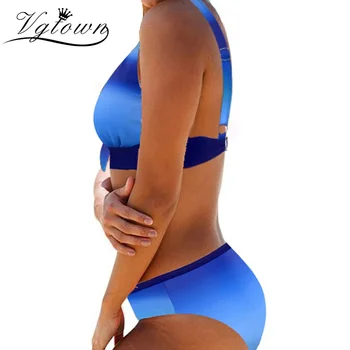 Plus Velikost 8XL Ženska Oblazinjeni Push-up Modrc Tankini Bikini Komplet 2020 Kopalke Pisanimi Trakovi, kopalke, Kopalke Dveh Kosov Povodcem