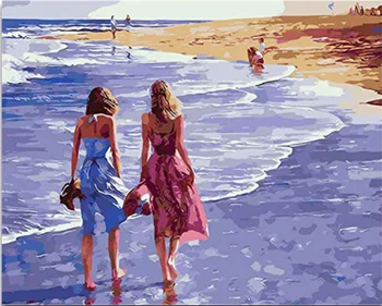 Barve Sestra plaža sprehod sliko barvil slike z številkami, z oljno sliko risanje, barvanje z številkami uokvirjena Doma
