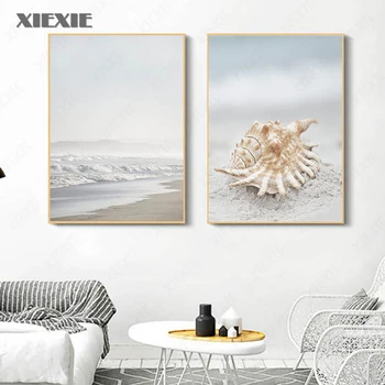 Nordijska Morje, Plaža Wall Art Platno Slikarstvo Seashell Natisne Navtičnih Obalnih Plakat Slik, Kopalnica, Dnevna Soba Dekor