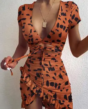 Haljo ete femme 2021 Poletje Plus Velikost Ruffles Design Leopard Tiskanja Ženske obleke Sexy klub Čipke V-neck Ženske ženska za Obleke