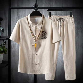 (Majica + hlače) poletje moških Bombaž in lan majice s Kratkimi rokavi moški priložnostne srajce moške komplet oblačil, velikost M-5XL TZ029