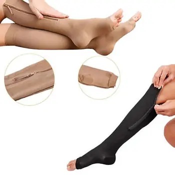 Stiskanje Black Zadrgo Noge Hujšanje Skladiščenje za Človeka, Ženska Zadrgo Noge Podporo Open Toe Nogavice Kolena