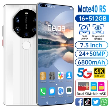2021 Novo Smartpone Mate40 RS Globalni Različici Smartphonr 16G 512G Android10 Obraz ID Finger Print 6800mAh Snapdragon Mobilni Telefon