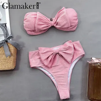 Glamaker Lok lurex bikini off-ramo kopalke ženske Visoko pasu roza bikini komplet kopalke bandeau Seksi dvodelni plaža obrabe