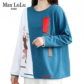 Max LuLu 2021 Luksuzni Oblikovalec Ženske Letnik Mozaik Tees Ženska Natisnjeni Dolg Rokav Tshirts Gospe Priložnostne Prevelik Oblačila