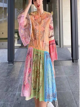 Poletje Mini Obleke Za Ženske 2021 Cvetlični Obleko Z Rožami Vzorec Žensk Midi Flare Rokav O-vratu, Ohlapno Elegantno Obleko Slim