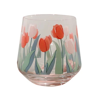 Ins tiskanje tulipanov stekla, ročno poslikano cvet skodelico mleka pokal 400ml gozd srčkan preprost urad za gospodinjstvo pregleden pokal