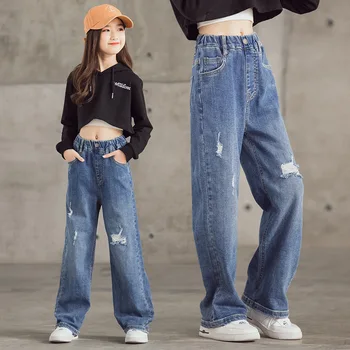 Moda Teens Dekleta Jeans 2021 Novo Širok Noge, Hlače Otroci Naravnost Hlače otroška Oblačila 8 10 12 13 Letih Dekliška Oblačila