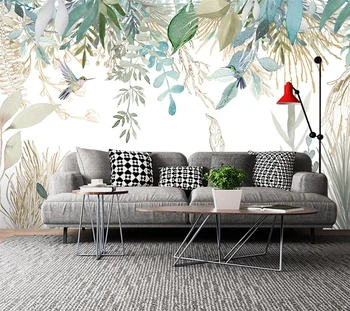 Ozadje po meri 3D Nordijska ročno poslikano majhne sveže tropske rastline, listje, cvetje in ptice freske dnevna soba v ozadju stene