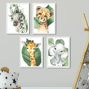 Lev Žirafa, Zebra Tropskih Listov Jungle Živali Wall Art Platno Slikarstvo Nordijska Plakatov In Fotografij Stenske Slike Otroci Soba Dekor