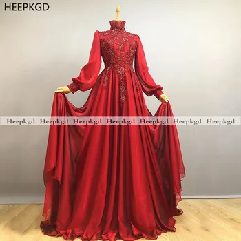 Nova Rdeča 2021 Muslimanskih Večerno Obleko Z Dolgimi Rokavi Črto Elegantna Beaded Appliques Šifon Plus Velikost Arabski Ženske Stranki Poroka Oblek