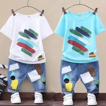 Otrok Fantje Poletje Tiskanje Hlače Traper Hlače Šport Kompleti Oblačil Baby Otroci Kratek Rokav T Shirt Jeans Oblačila Obleke