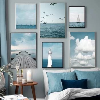 Nordijska blue ocean čoln svetilnik plakat pogled na morje wall art tisk dnevna soba stenski sliki doma dekoracijo platno slikarstvo