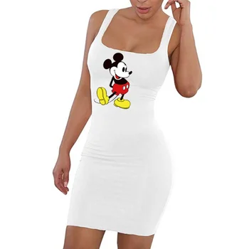 Disney Mickey Mouse Kvadratnih Vratu Brez Rokavov Mini Obleka Ženske Poletje Nahrbtnik Hip Tesen Stranka Sexy Klub Bo Ustrezala 2021 Obleko