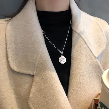 S925 sterling srebrni nakit z retro pismo krog kartico ogrlica pulover verige kratke temperament ogrlico, obesek za ženske