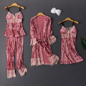 Jeseni 2021 Novo Kimono Plašč Homewear Nightgown Lady Pižamo bo Ustrezala Nighty Haljo Nastavite Seksi Žamet Sleepwear Intimno Perilo, ženske