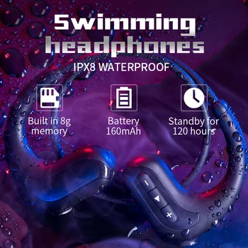 KNUPATH Brezžične slušalke Bluetooth Slušalke 8GB IPX8 Nepremočljiva Predvajalnik Glasbe MP3, Plavanje, Potapljanje Športne Slušalke Za vse