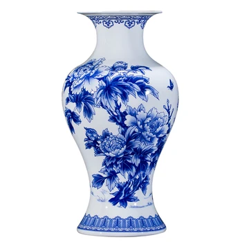 Elegantno Jingdezhen Modre in Bele Porcelanaste Vaze Drobnih Kosti Kitajska Vaza Peony Okrašena Visoko Kakovostno Keramično Vazo