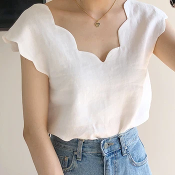 Korejski Poletje V-neck Ženske Top Moda Priložnostne Kratkimi Rokavi Belo Bluzo Ženske Novi Elegantni Val Design Ohlapno Majico Blusa Mujer 14335