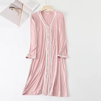 Modal Nightdress Jopico Čipke Dolgimi Rokavi Ženske Sleepwear Sredine Dolžina Obleko More Domov Oblačila Pomlad Nightgowns Vroče Prodaje