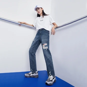Toyouth Ženske Jeans 2021 Jeseni Visoko Pasu Ravne Noge Uničenje Vezenje Solid Blue Vse Tekme Priložnostne Obrezana Denim Hlače