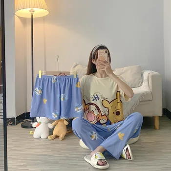 Tri-kos ženske pižame nastavite poletje nove kratke hlače korejskim študentom svoboden velikosti srčkan risanka za rabo doma