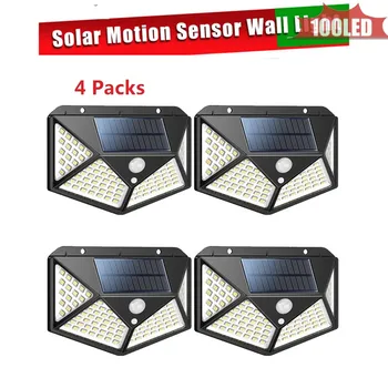 1-4PCS 100 LED Solarna svetilka Senzor za sončno energijo Plošča LED Street Light Zunanji Vrt Pot Spot Wall Sili Lučka luminaria 4 s