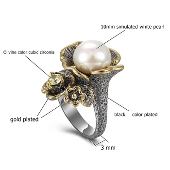 Nova zasnova Gothic Obroči za ženske letnik black ring Cvet Slog z Olivine Cirkon White Pearl modni nakit Brezplačna dostava