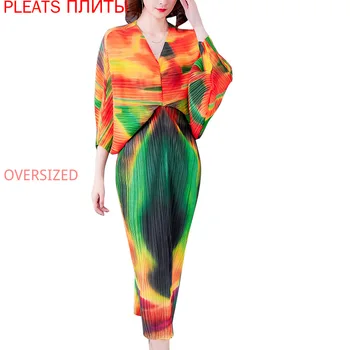Miyake Gube Pomlad in Poletje Nove Ženske Gradient Tiskanje Bat Rokav Plus Velikost Obleko GUB Vestido De Mujer Oblačilih Haljo Femme