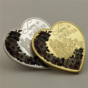 Ljubitelji Ljubim Večno Srcu Posebno Oblikovan Zlato in Srebrno Značko Rose Cvet Medaljo Poroko Priložnostni Kovanec