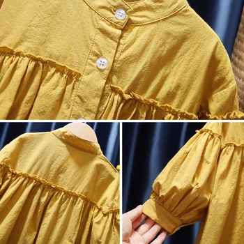 Korejski Slog Dekleta Bluzo Pomlad Dolg Rokav Bombaž Otroci Bluzo Ruched Gumb Trdna Obleke Športna Majica