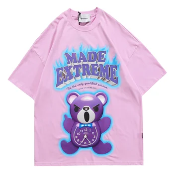 2021 Moških Ulične T-Shirt Hip Hop Jezen Lutka Medved Print Majica s kratkimi rokavi Harajuku Bombaž prevelik Tshirt Poletje Kratek Rokav Tees
