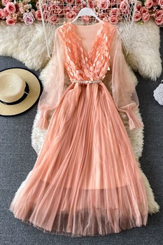 Čipke Bela Midi Obleko Z Dolgimi Rokavi A-Line, Luxury Stranka 2021 Visoko Pasu Boho Elegantna Vezenina Pomladni Vintage Obleke Ženske