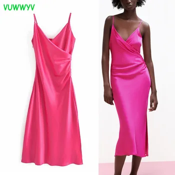 VUWWYV Za Saten Dolge Obleke, Ženske 2021 Rose Naguban Slip Backless Poletje Obleko Ženska Trak Draped Camisole Midi Afriške Obleko