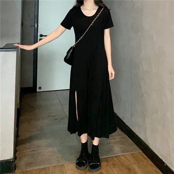 Hirsionsan Bombaž Poletne Obleke, Ženske 2020 Korejski Seksi Split Lady Obleko Elegantno Kratek Sleeve Solid Priložnostne Girl Obleke