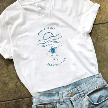 Ohraniti Naše Morje Plastični Prosto Ženske Tshirt Preskočite Slamic Shranjevanje Želve Slogan T-shirt Dekle Zaščito Ocean Tees Bombaž Vrhovi Dropshipping