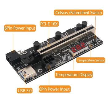 PCIE Riser 1x Za Express 16x Razširitev 6Pin Pogon Riser vmesniško Kartico s senzor temperature Za Bitcoin GPU Rudarstvo Ploščad ETH
