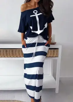 Ženska Summmer Zaraing 2021 Bluze T-shirt Črtasto Obleko Maxi Poletje Slim 2 Kosa Določa Ženski Priložnostne Gleženj-Dolžina Dolgo Obleko