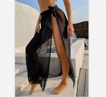 CHRONSTYLE Bikini Pokrov-Ups 2021 Seksi Ženske Kopalke Til Čipke-up Split prikriti Plažo Črno prozorne Long Beach Skrits