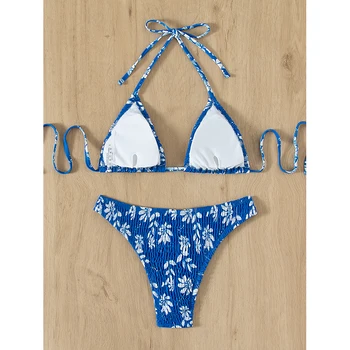 Peachtan Print bikini 2021 Trikotnik kopalke za ženske, plavanje obleko Smocked kopalke ženske Seksi kopalke plaža obrabe biquini