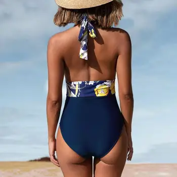 Navy Cvetlični Globoko V-neck Povodcem enodelne Kopalke Seksi Backless Čipke Ženske Monokini 2021 Plaži, Kopalne Obleke, Kopalke
