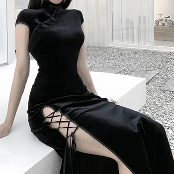 Poletje Dolgo Obleko Temne Strani Visoko Vratu Ženske Obleke Kitajski Cheongsam Harajuku Bodycon Dress Vintage Obleko Split