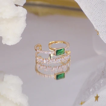 Korejski vroč modni nakit 14K resnično zlata electroplated baker vdelan cirkon obroč dvojna zelena kvadratnih kristalno ženske odprt obroč