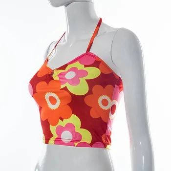 Cvetlični Vzorec Backless Crop Tops letu 2000 Estetike Povoj Povodcem Cami Vrhovi Seksi Ženske Poletne Obleke Harajuku