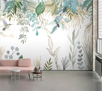 Ozadje po meri 3D Nordijska ročno poslikano majhne sveže tropske rastline, listje, cvetje in ptice freske dnevna soba v ozadju stene