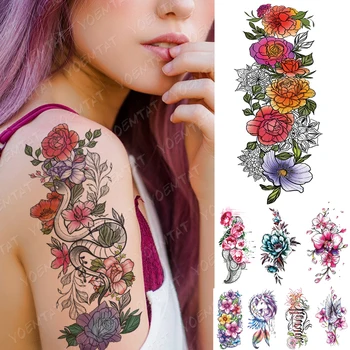 Nepremočljiva Začasni Tattoo Nalepke Romantično Peony Cvetovi Vrtnice Flash Tetovaže Listi Body Art Roko Ponaredek Rokav Tattoo Ženske Moški