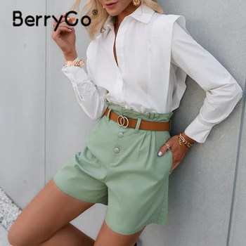 BerryGo Trdna ruffle visoko pasu priložnostne hlače ženske High street dno trdna poletje hlače Modni green office dnu 2021 nova